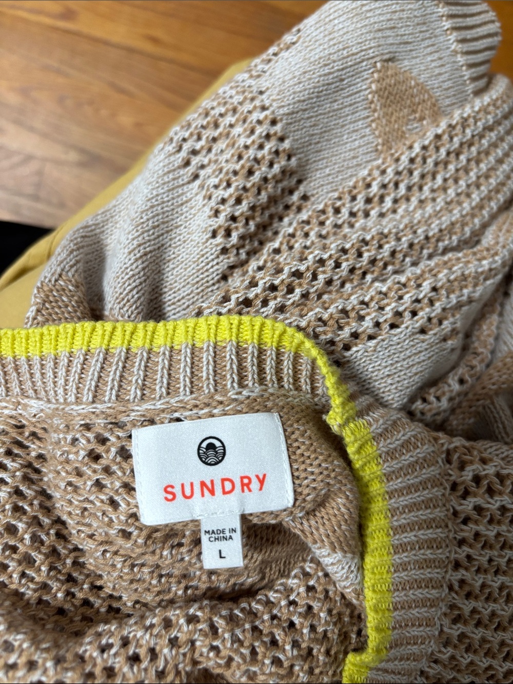 Sundry Beige Crewneck Sweater with Neon Yellow Trim